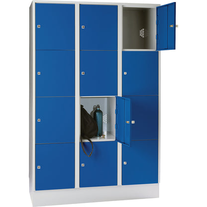 Munich 4-fold compartment locker, 3 compartments, light grey / gentian blue, W 1200 mm, with base plinth.