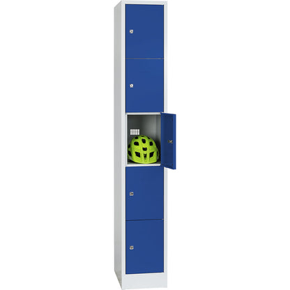 Dresden 5-fold compartment locker, 1 compartment, light grey / gentian blue, W 300 mm, with base plinth.