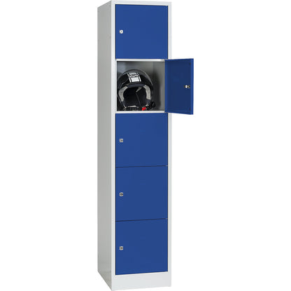 Dresden 5-fold compartment locker, 1 compartment, light grey / gentian blue, W 400 mm, with base plinth.