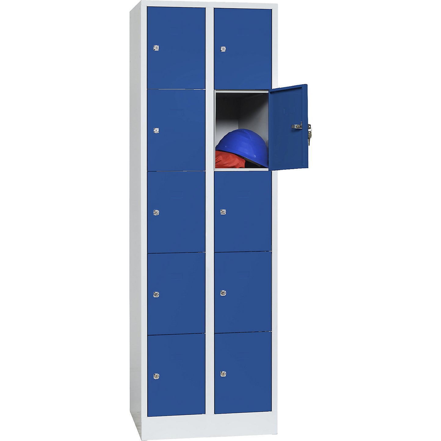 Dresden 5-fold compartment locker, 2 compartments, light grey / gentian blue, W 600 mm, with base plinth.