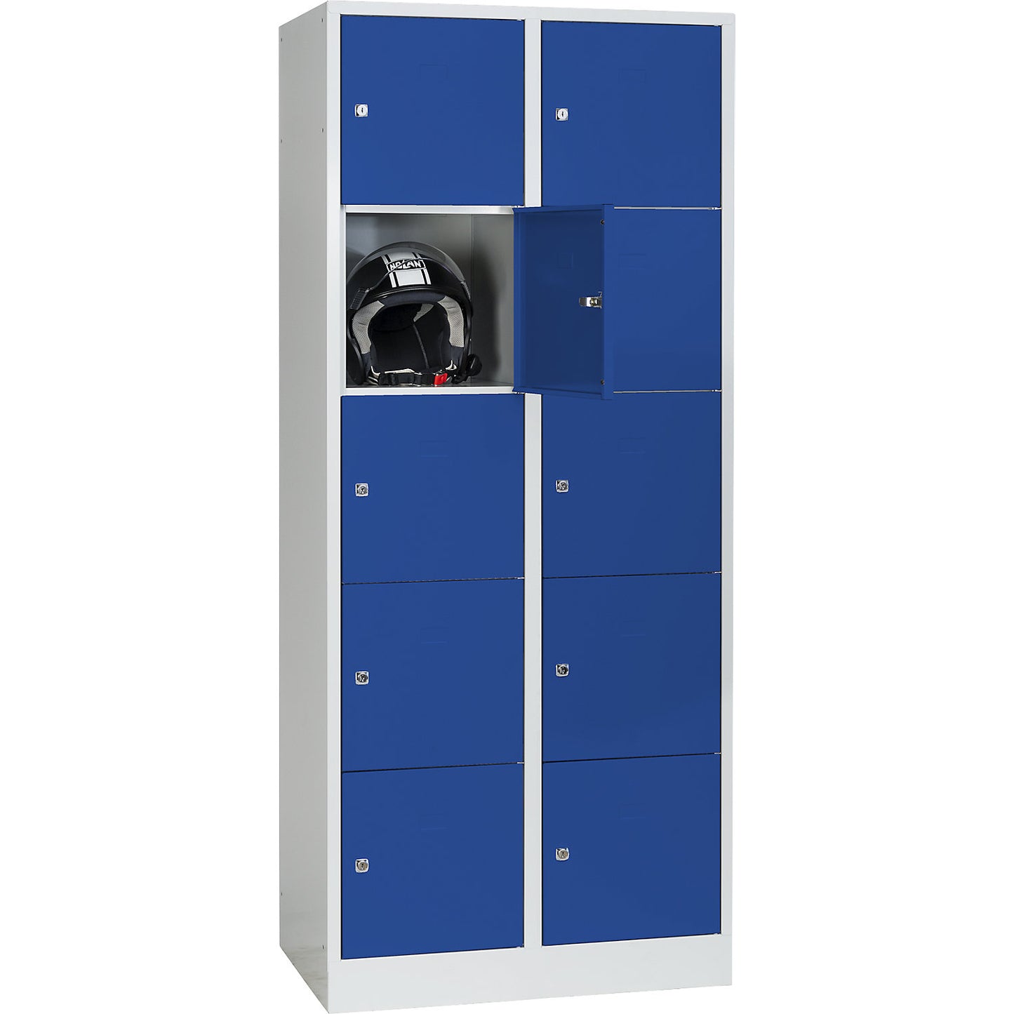 Dresden 5-fold compartment locker, 2 compartments, light grey / gentian blue, W 800 mm, with base plinth.