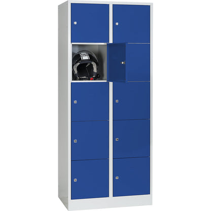 Dresden 5-fold compartment locker, 2 compartments, light grey / gentian blue, W 800 mm, with base plinth.
