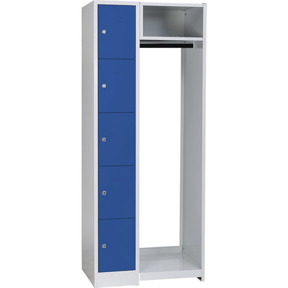 Dresden cloakroom locker system, 5 compartments, 1 coat rack, W 750 mm, light grey / gentian blue.