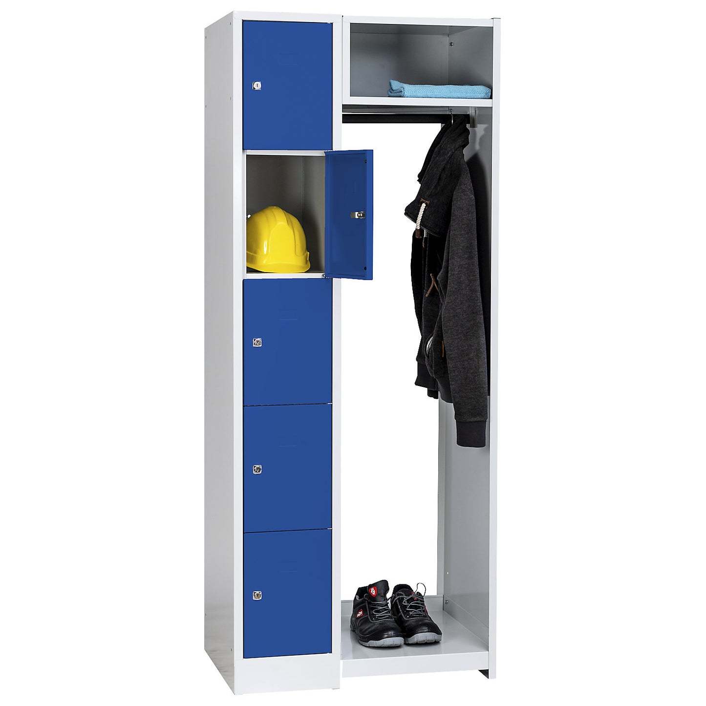 Dresden cloakroom locker system, 5 compartments, 1 coat rack, W 750 mm, light grey / gentian blue.
