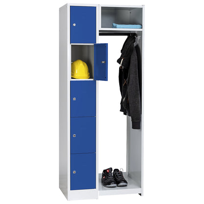 Dresden cloakroom locker system, 5 compartments, 1 coat rack, W 750 mm, light grey / gentian blue.