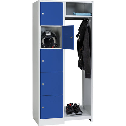 Dresden cloakroom locker system, 5 compartments, 1 coat rack, W 850 mm, light grey / gentian blue.