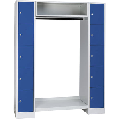 Dresden cloakroom locker system, 2 compartments, 1 coat rack, W 1470 mm, light grey / gentian blue.