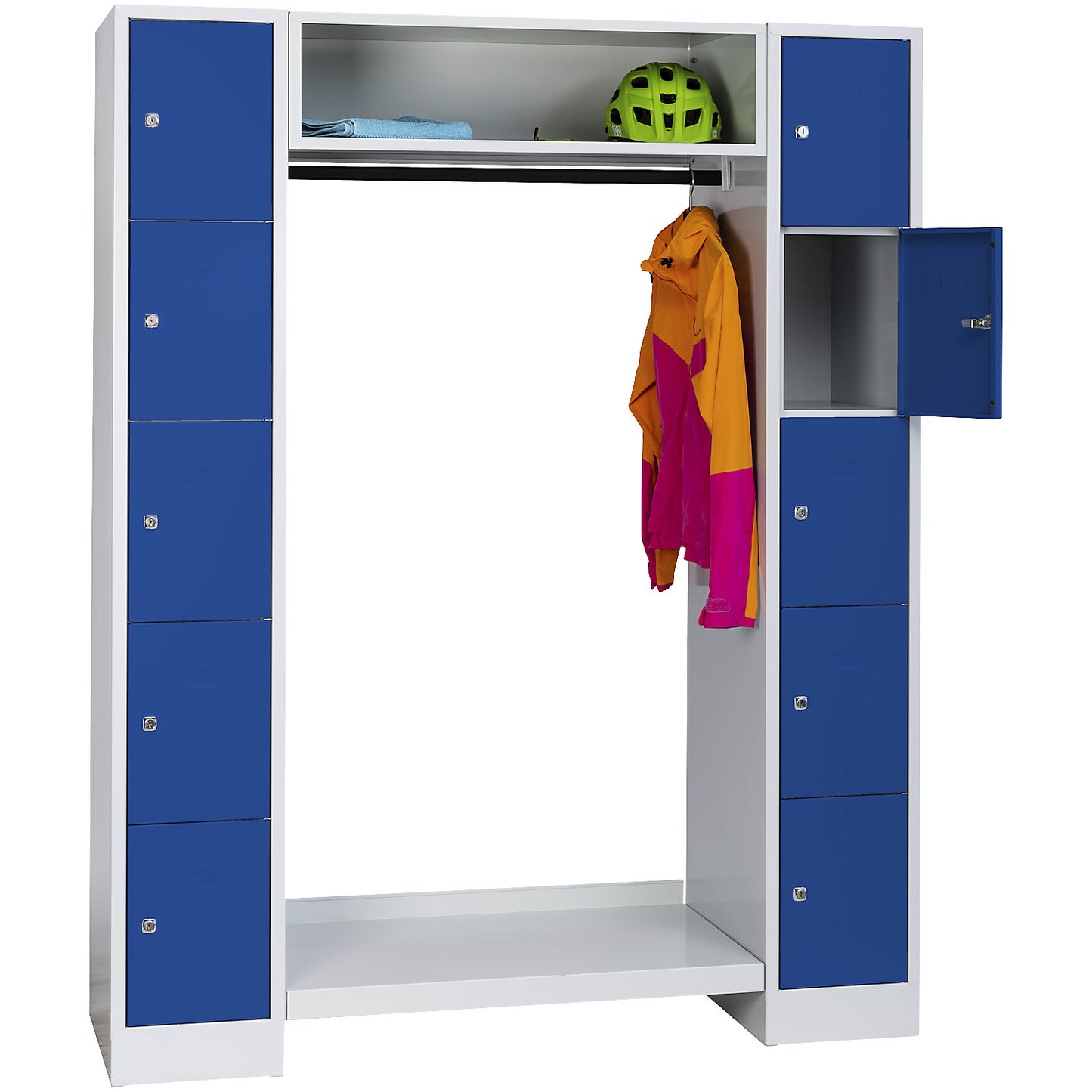 Dresden cloakroom locker system, 2 compartments, 1 coat rack, W 1470 mm, light grey / gentian blue.