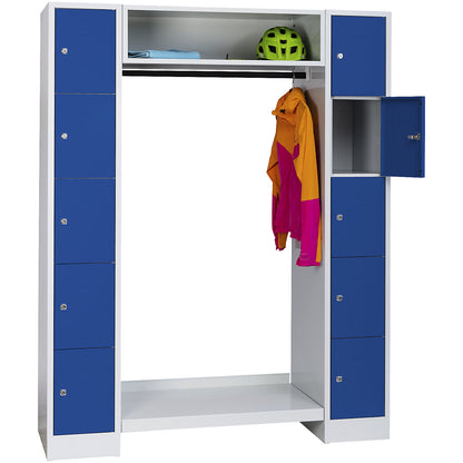 Dresden cloakroom locker system, 2 compartments, 1 coat rack, W 1470 mm, light grey / gentian blue.