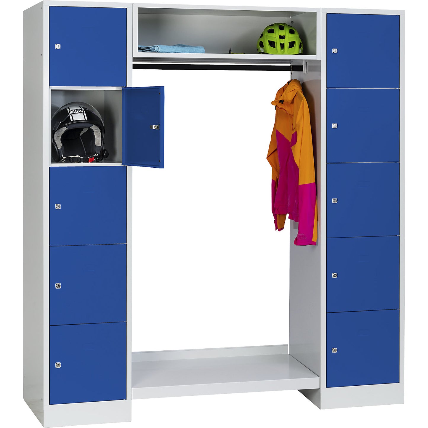 Dresden cloakroom locker system, 2 compartments, 1 coat rack, W 1670 mm, light grey / gentian blue.