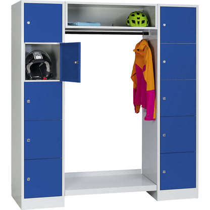 Dresden cloakroom locker system, 2 compartments, 1 coat rack, W 1670 mm, light grey / gentian blue.