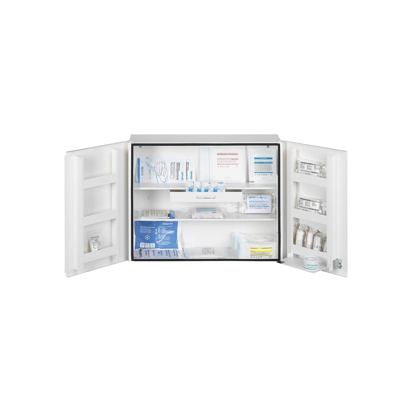 First aid cupboard, DIN 13169, double door, white, HxWxD 462 x 604 x 170 mm, with contents.