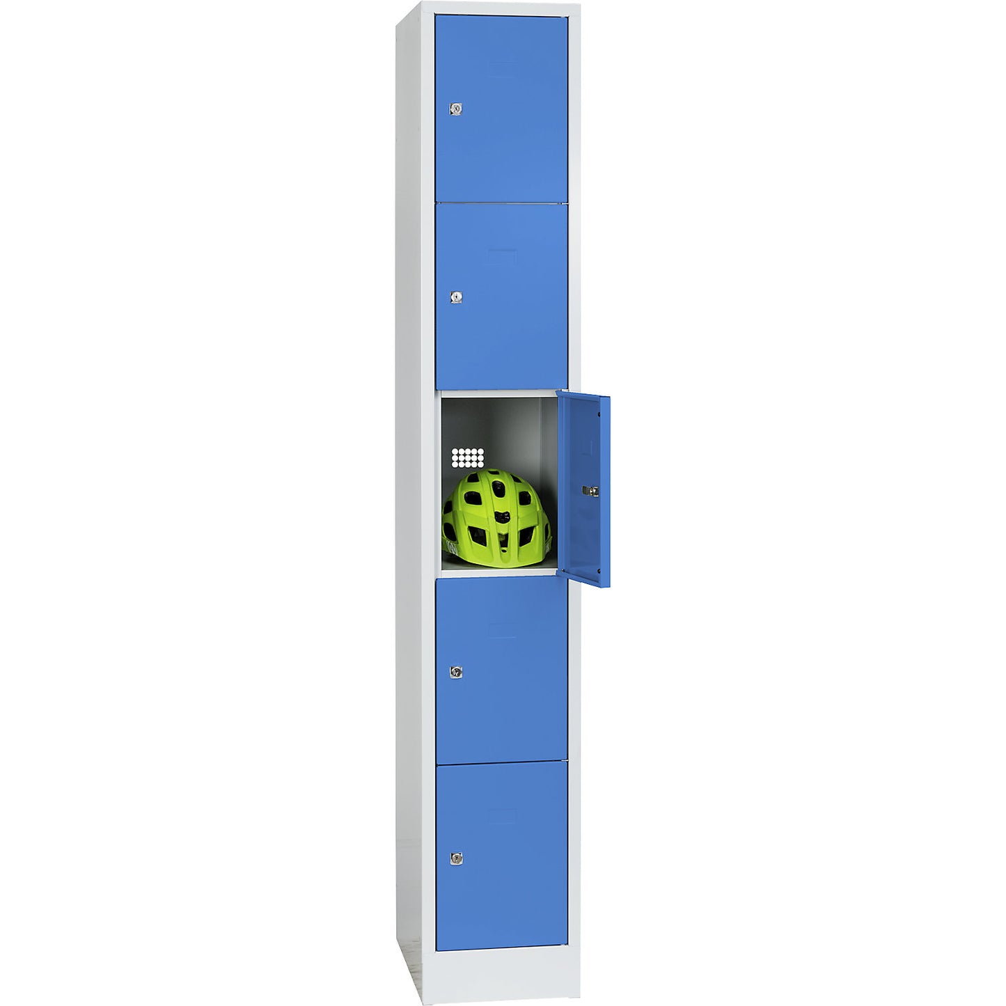 Dresden 5-fold compartment locker, 1 compartment, light grey / light blue, W 300 mm, with base plinth.