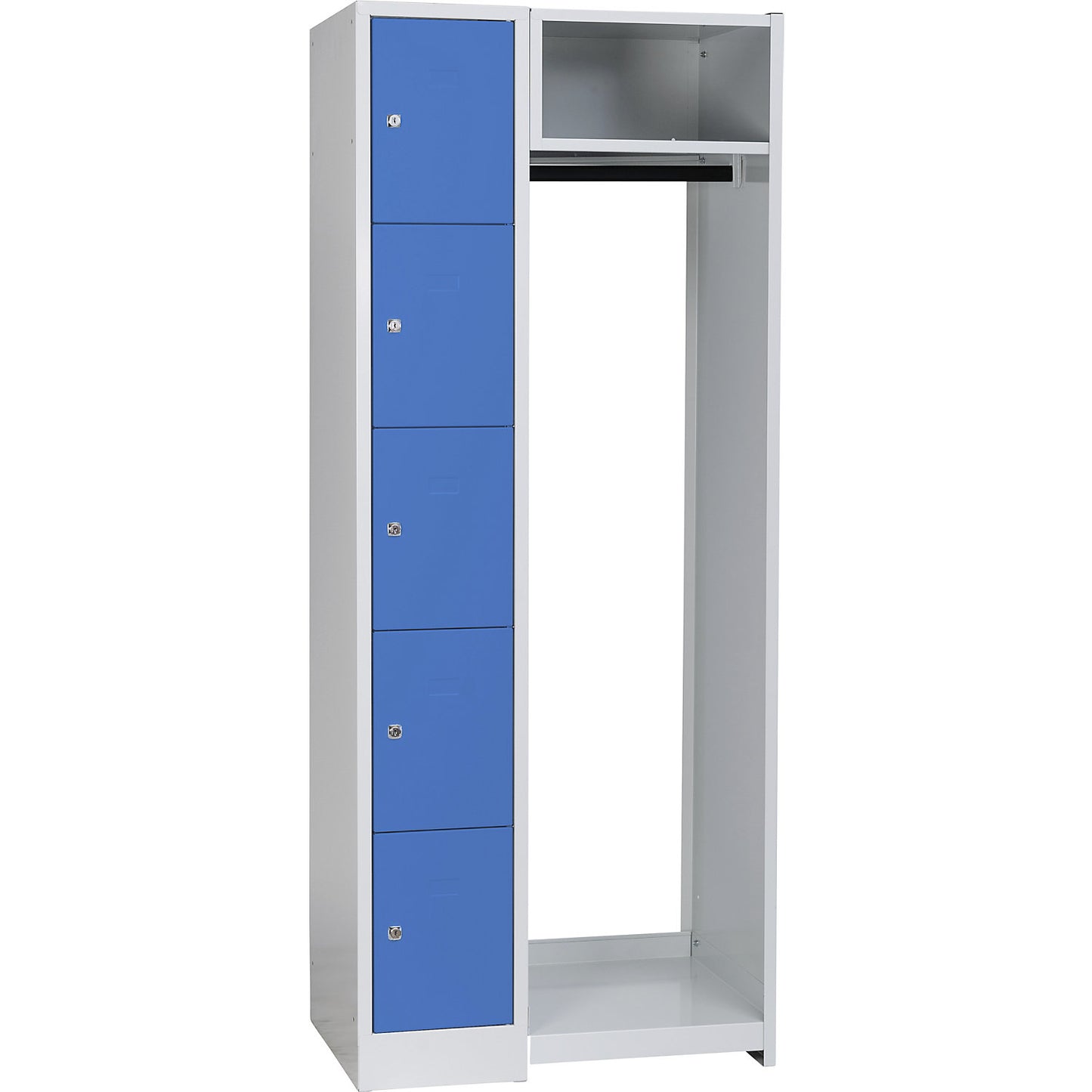 Dresden cloakroom locker system, 5 compartments, 1 coat rack, W 750 mm, light grey / light blue.