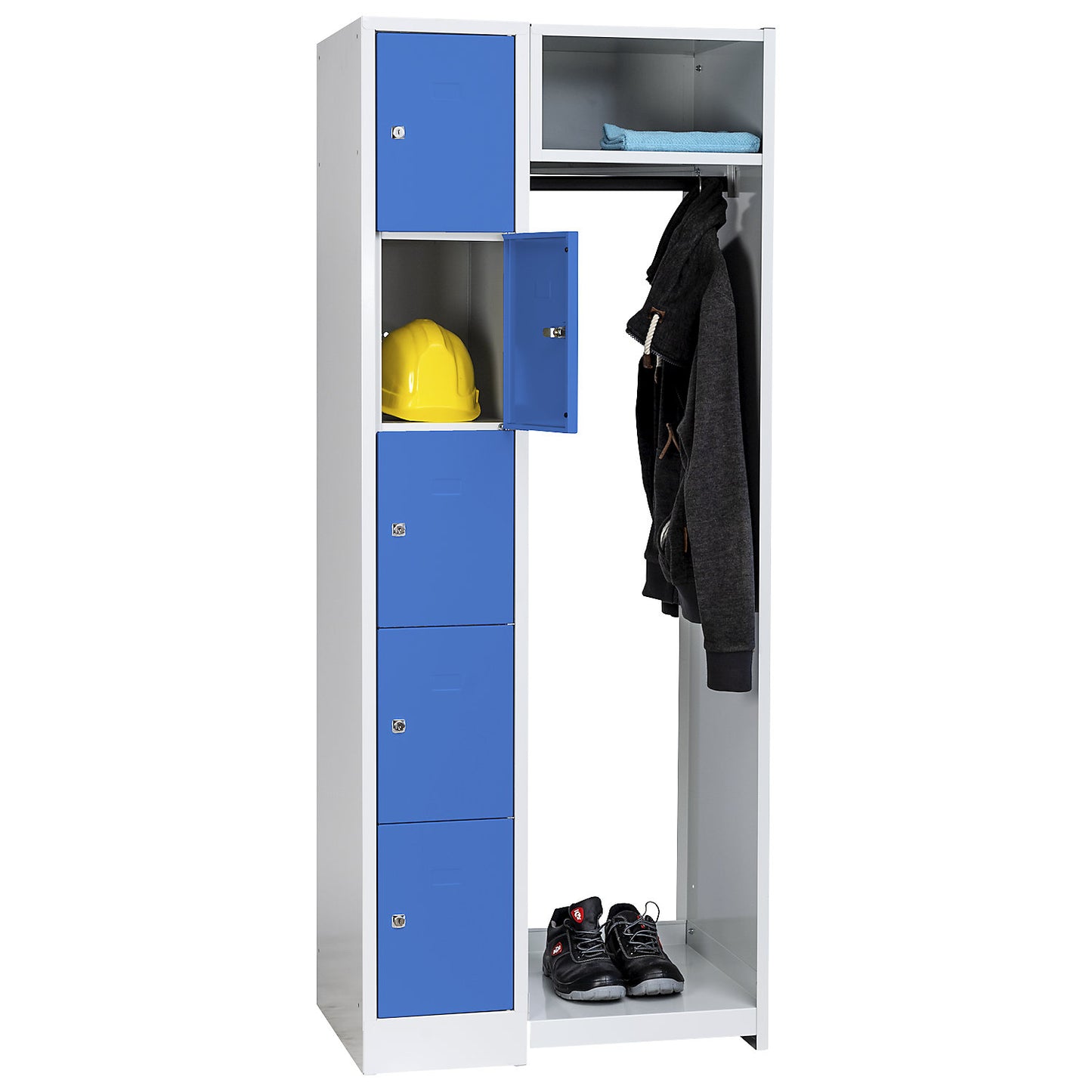 Dresden cloakroom locker system, 5 compartments, 1 coat rack, W 750 mm, light grey / light blue.