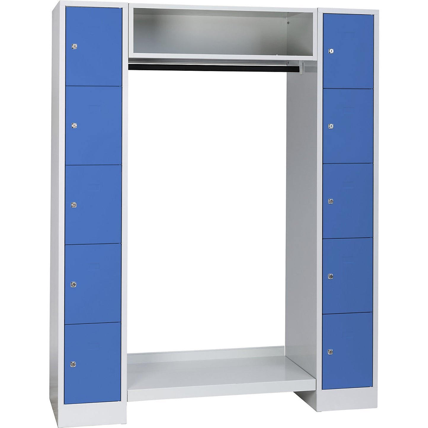 Dresden cloakroom locker system, 2 compartments, 1 coat rack, W 1470 mm, light grey / light blue.