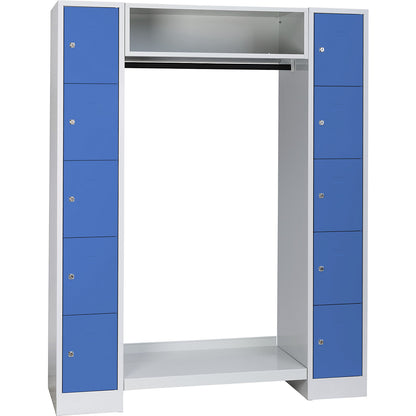Dresden cloakroom locker system, 2 compartments, 1 coat rack, W 1470 mm, light grey / light blue.
