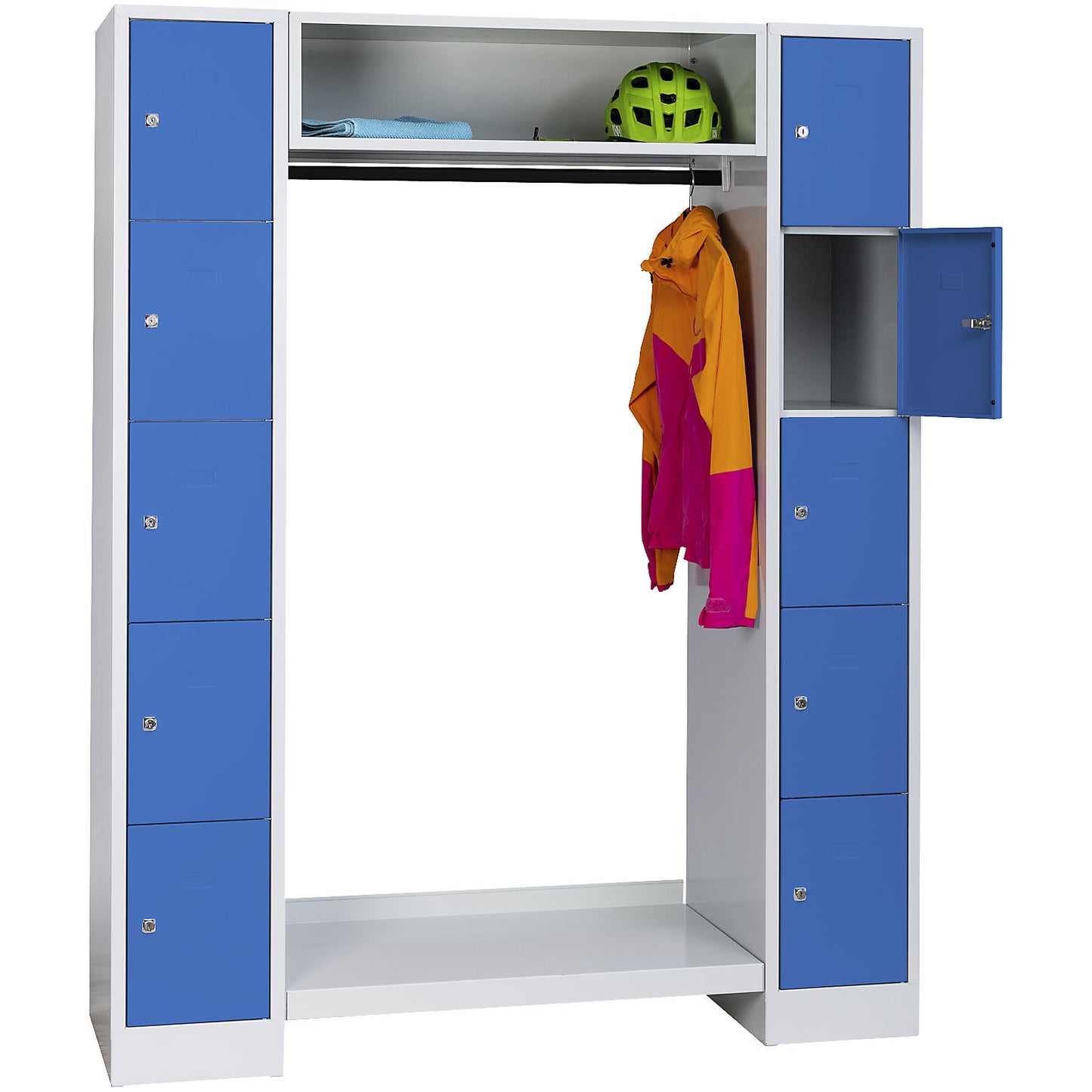 Dresden cloakroom locker system, 2 compartments, 1 coat rack, W 1470 mm, light grey / light blue.