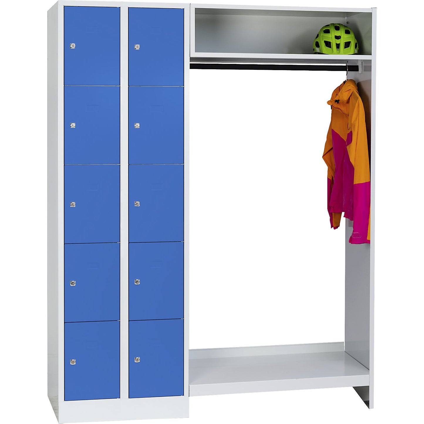 Dresden cloakroom locker system, 2 compartments on left, 1 coat rail, W 1470 mm, light grey / light blue.