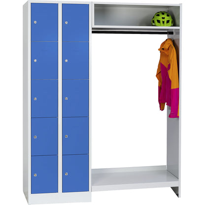 Dresden cloakroom locker system, 2 compartments on left, 1 coat rail, W 1470 mm, light grey / light blue.