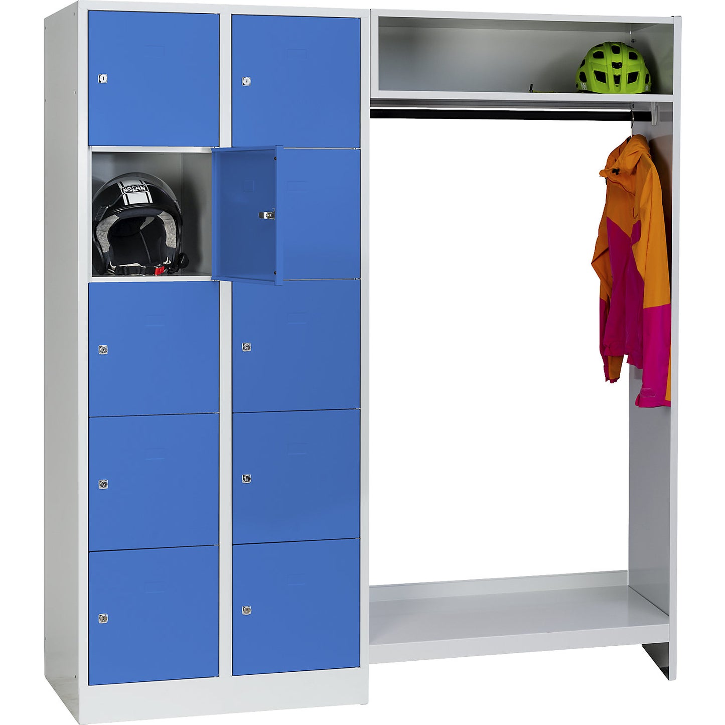 Dresden cloakroom locker system, 2 compartments on left, 1 coat rail, W 1670 mm, light grey / light blue.