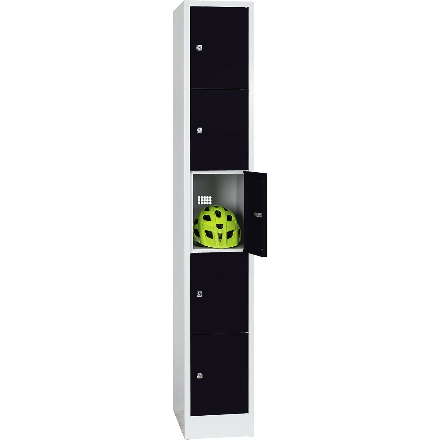 Dresden 5-fold compartment locker, 1 compartment, light grey / jet black, W 300 mm, with base plinth.