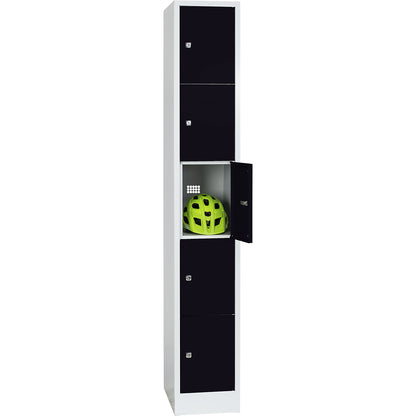 Dresden 5-fold compartment locker, 1 compartment, light grey / jet black, W 300 mm, with base plinth.
