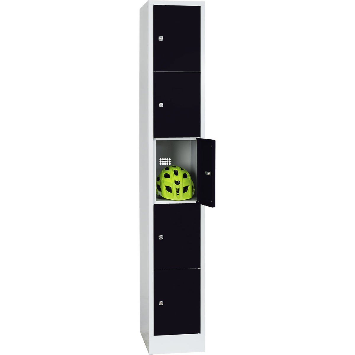 Dresden 5-fold compartment locker, 1 compartment, light grey / jet black, W 300 mm, with base plinth.