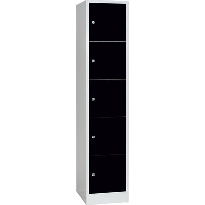 Dresden 5-fold compartment locker, 1 compartment, light grey / jet black, W 400 mm, with base plinth.