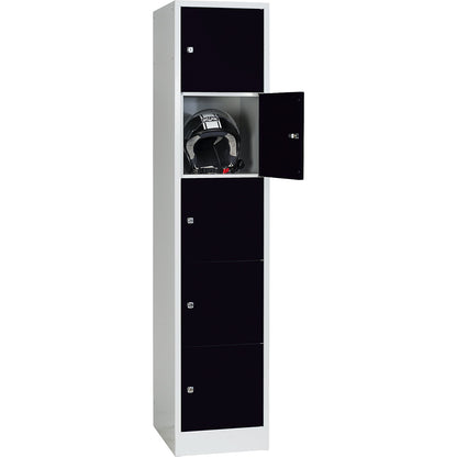Dresden 5-fold compartment locker, 1 compartment, light grey / jet black, W 400 mm, with base plinth.
