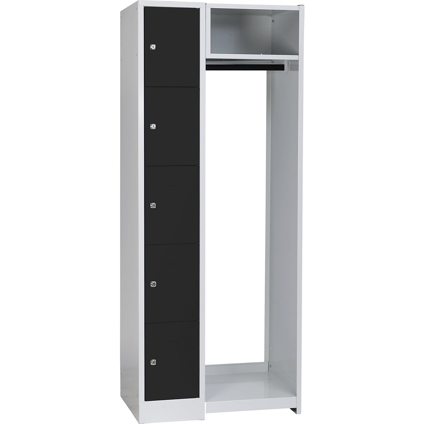 Dresden cloakroom locker system, 5 compartments, 1 coat rack, W 750 mm, light grey / jet black.