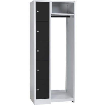 Dresden cloakroom locker system, 5 compartments, 1 coat rack, W 750 mm, light grey / jet black.