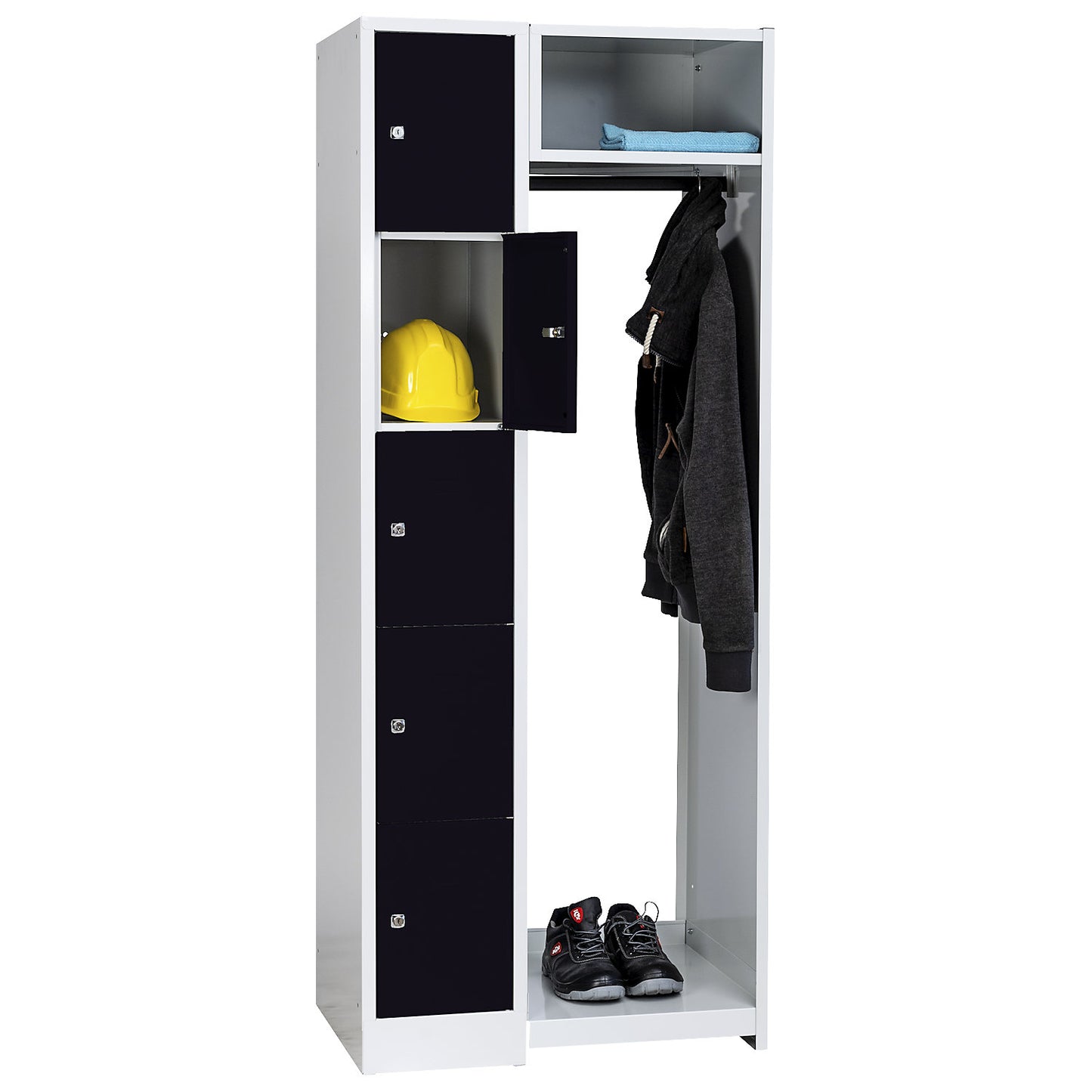 Dresden cloakroom locker system, 5 compartments, 1 coat rack, W 750 mm, light grey / jet black.