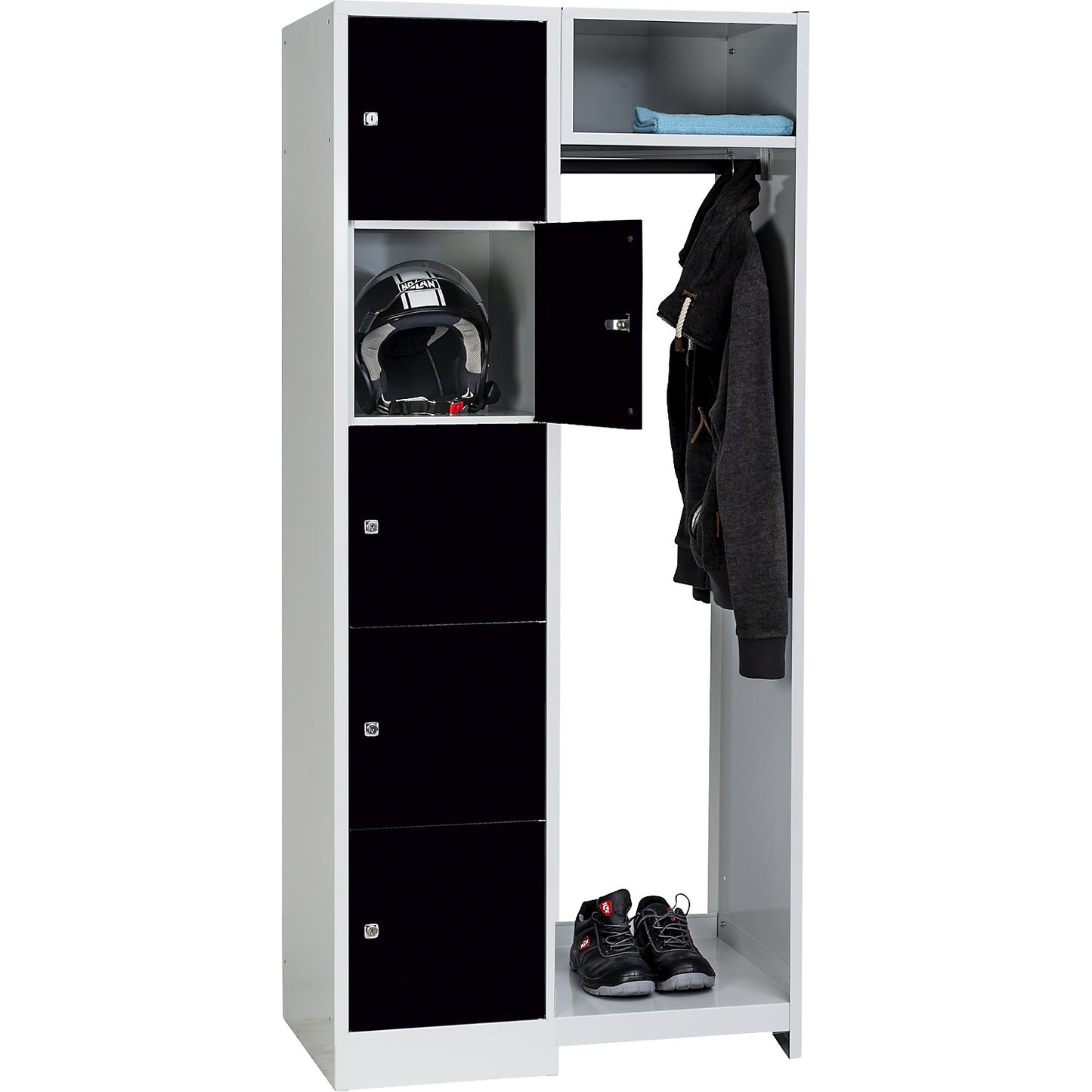 Dresden cloakroom locker system, 5 compartments, 1 coat rack, W 850 mm, light grey / jet black.