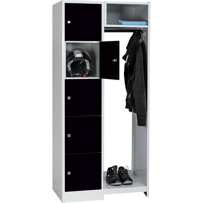 Dresden cloakroom locker system, 5 compartments, 1 coat rack, W 850 mm, light grey / jet black.