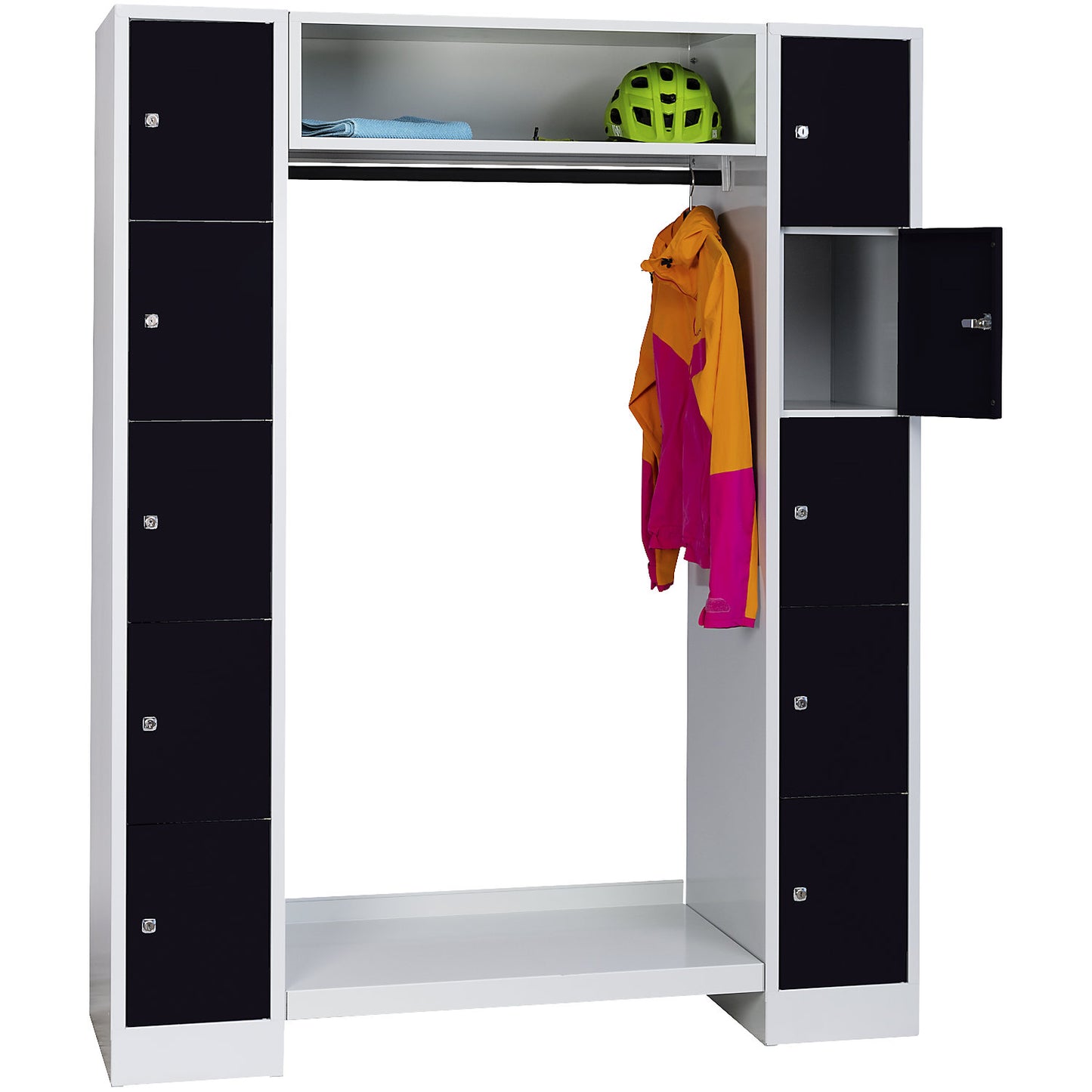Dresden cloakroom locker system, 2 compartments, 1 coat rack, W 1470 mm, light grey / jet black.