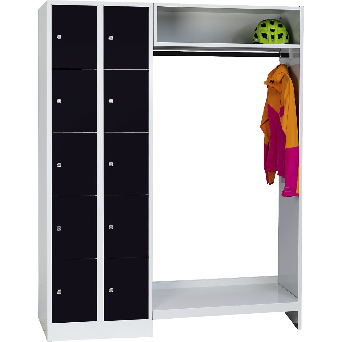 Dresden cloakroom locker system, 2 compartments on left, 1 coat rail, W 1470 mm, light grey / jet black.