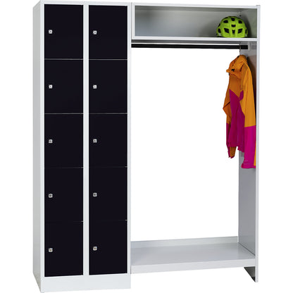 Dresden cloakroom locker system, 2 compartments on left, 1 coat rail, W 1470 mm, light grey / jet black.