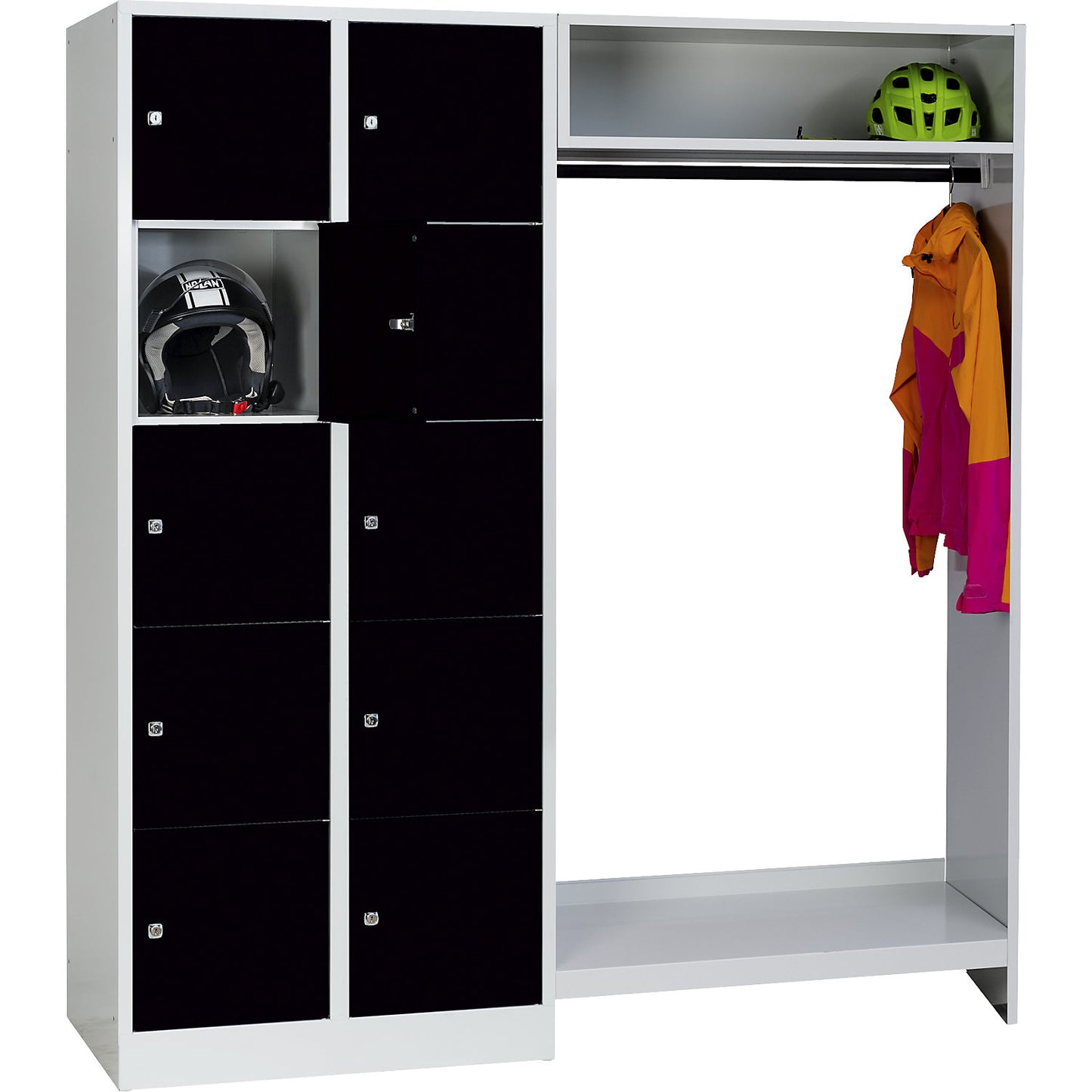 Dresden cloakroom locker system, 2 compartments on left, 1 coat rail, W 1670 mm, light grey / jet black.