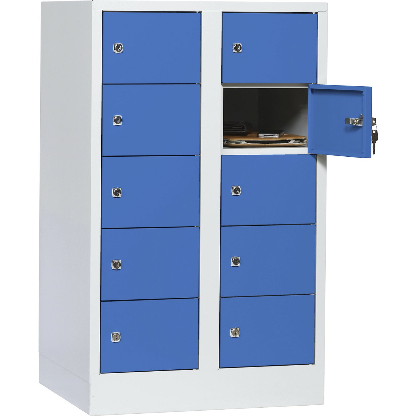 Valuables locker, 2 compartments, light grey / light blue, 10 compartments.