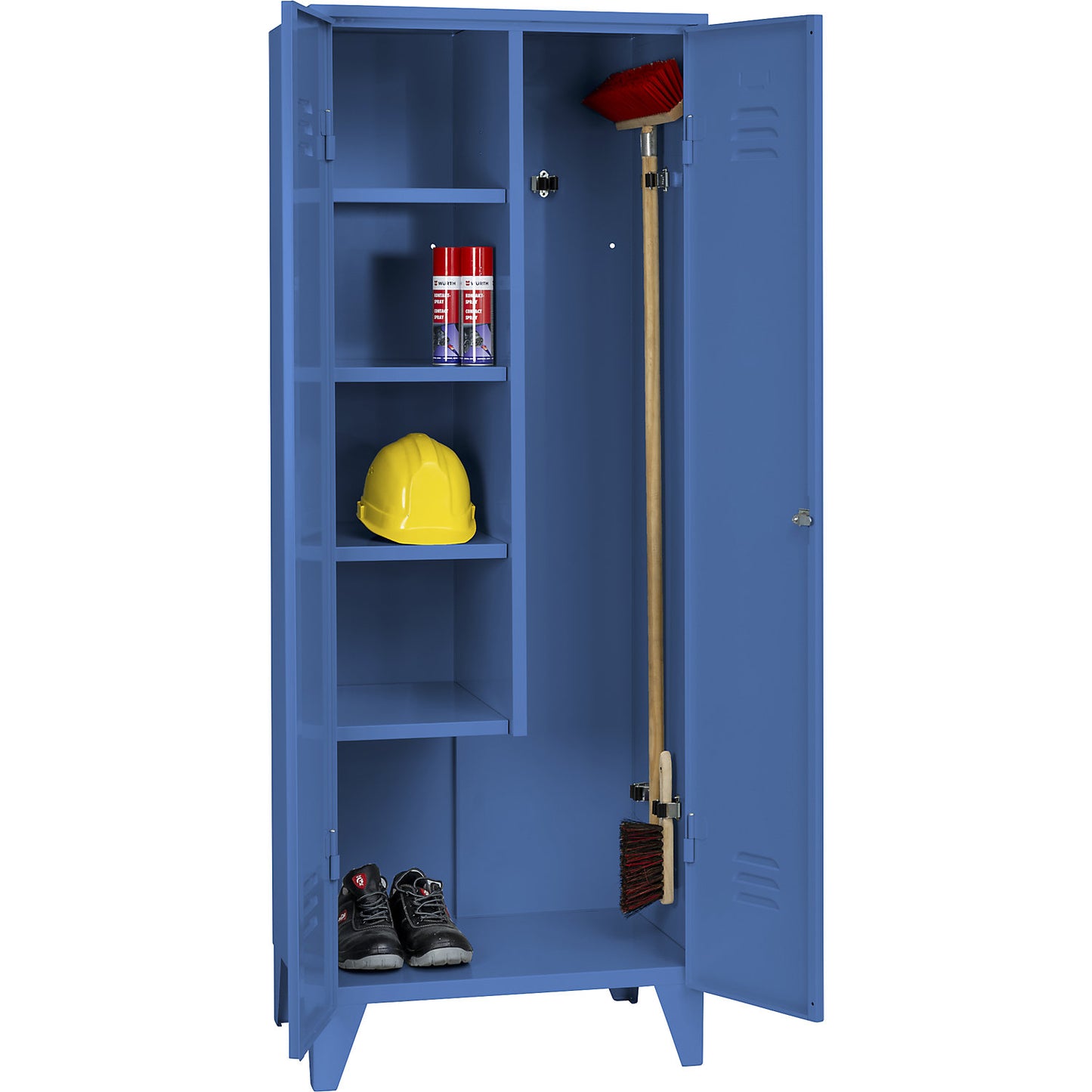 Berlin 2 locker for cleaning products, W 700 mm, 4 shelves, 5 clamps, light blue RAL 5012.
