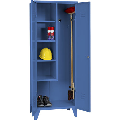 Berlin 2 locker for cleaning products, W 700 mm, 4 shelves, 5 clamps, light blue RAL 5012.