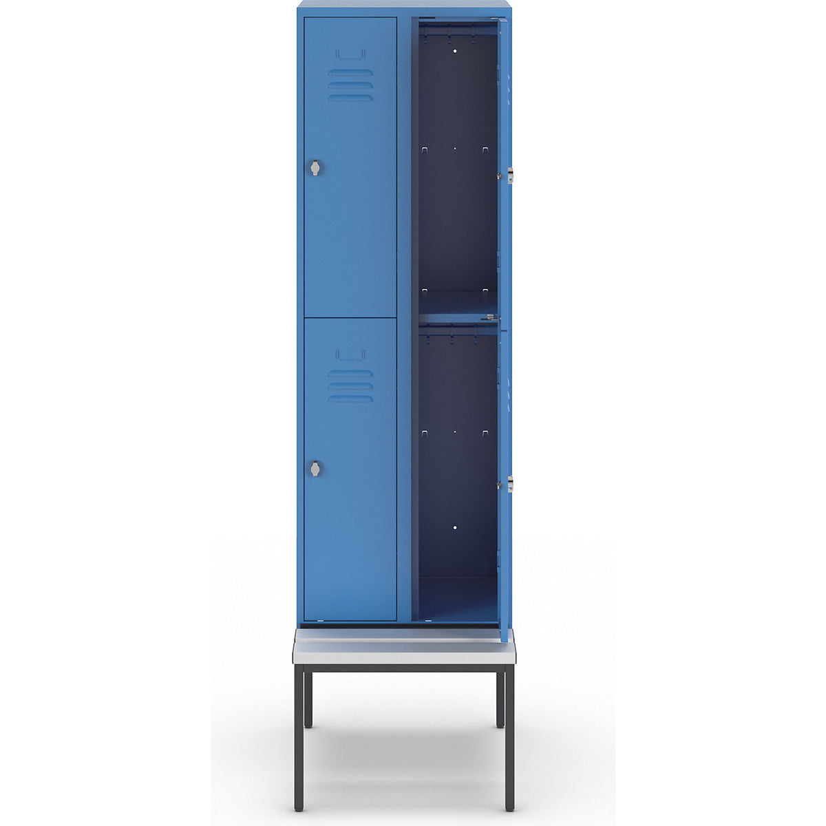 Berlin 2 double deck clothes locker with bench seat, 2 sections, light blue, width 600 mm, 4 compartments.