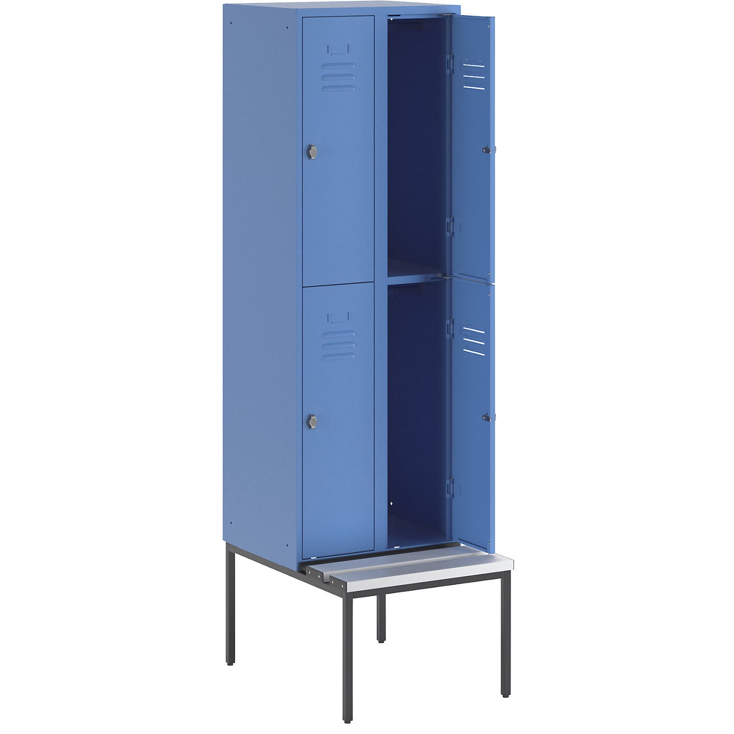Berlin 2 double deck clothes locker with bench seat, 2 sections, light blue, width 600 mm, 4 compartments.
