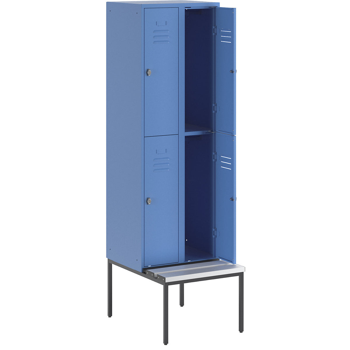 Berlin 2 double deck clothes locker with bench seat, 2 sections, light blue, width 600 mm, 4 compartments.