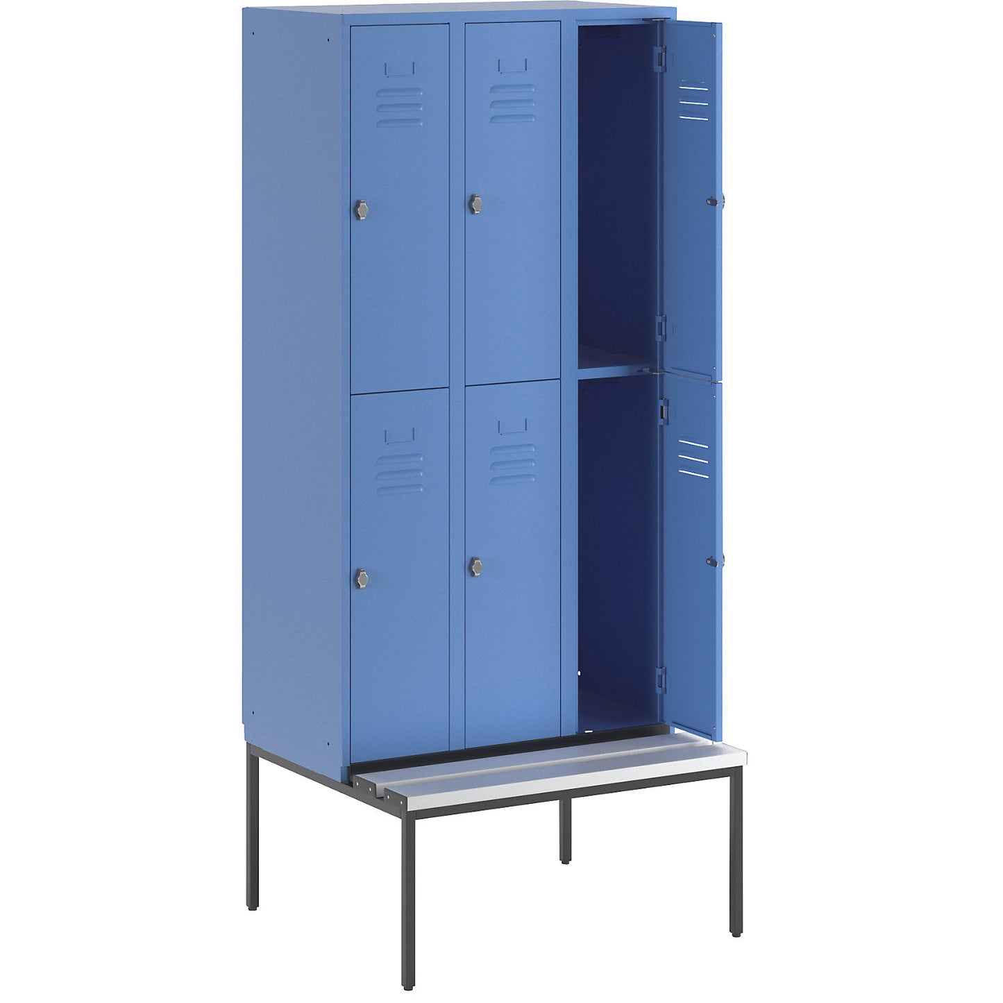 Berlin 2 double deck clothes locker with bench seat, 3 sections, light blue, width 900 mm, 6 compartments.