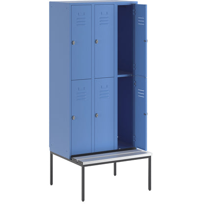 Berlin 2 double deck clothes locker with bench seat, 3 sections, light blue, width 900 mm, 6 compartments.