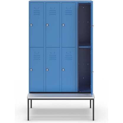 Berlin 2 double deck clothes locker with bench seat, 4 sections, light blue, width 1200 mm, 8 compartments.
