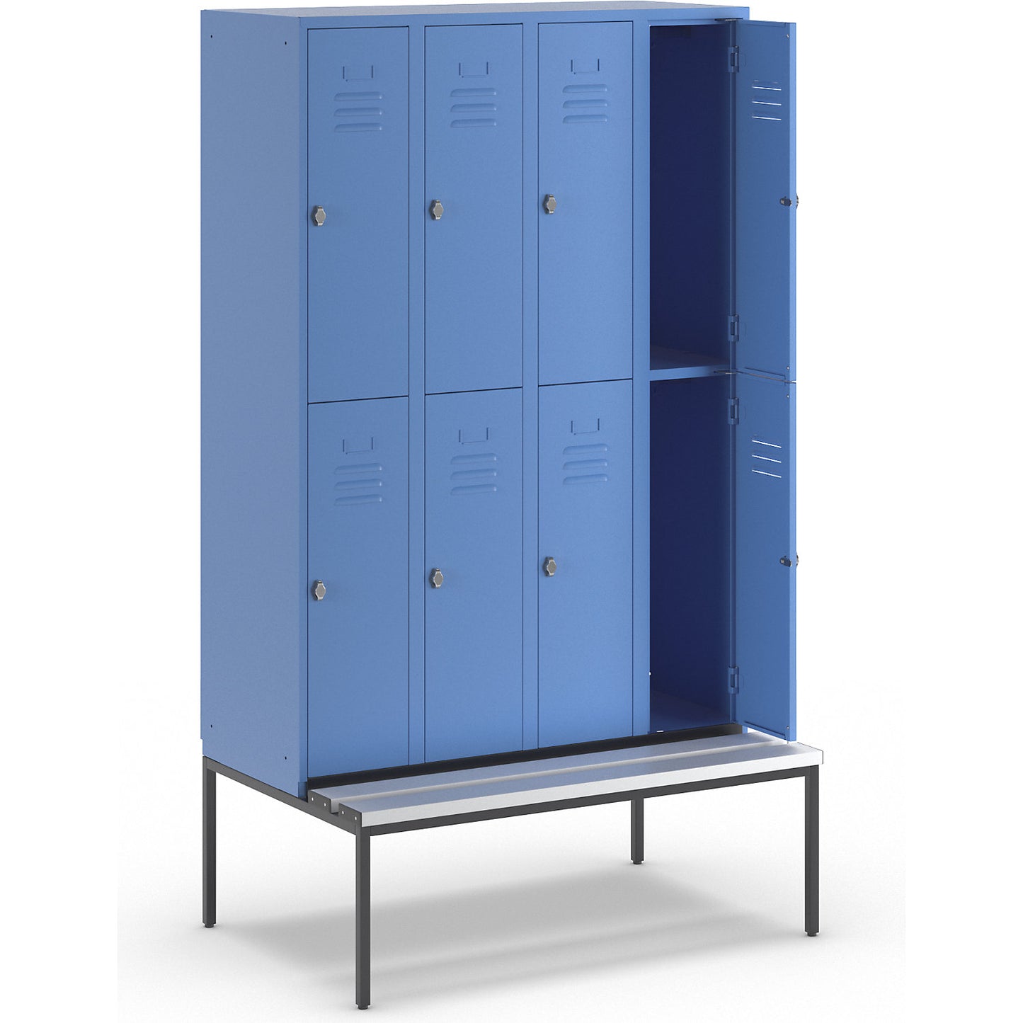 Berlin 2 double deck clothes locker with bench seat, 4 sections, light blue, width 1200 mm, 8 compartments.