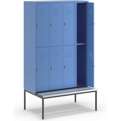Berlin 2 double deck clothes locker with bench seat, 4 sections, light blue, width 1200 mm, 8 compartments.